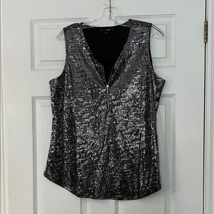 Sparkling Sequin Zip-Front Blouse - Black and Silver
